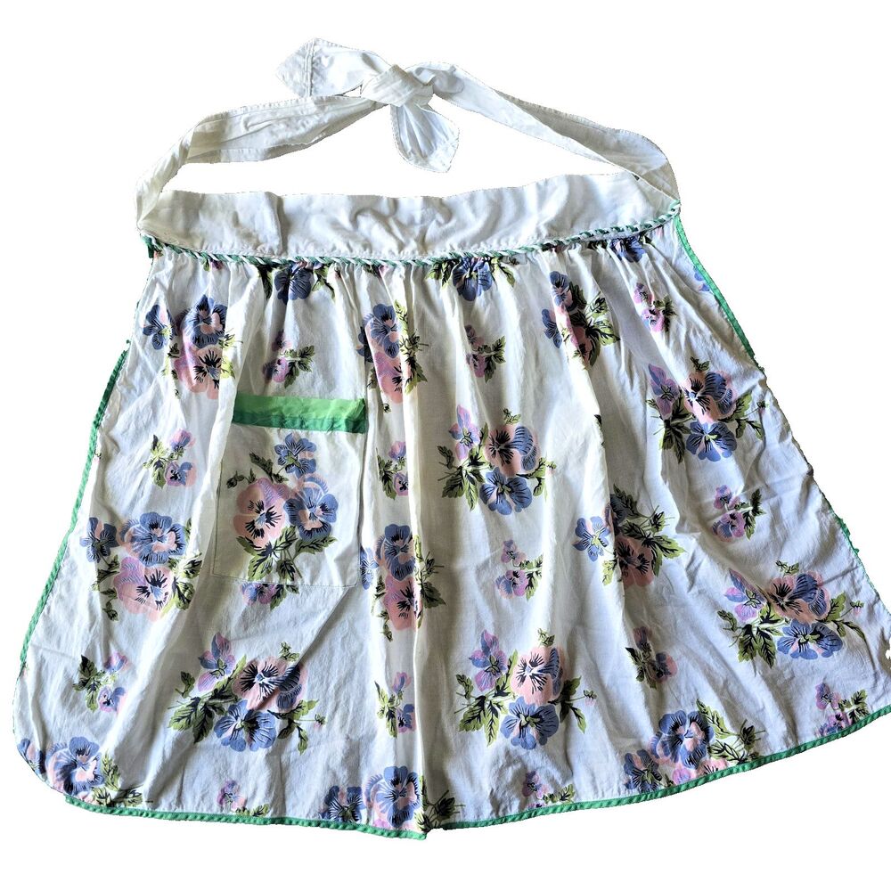 Vintage Floral Half Apron Pansy Print Cotton Retro Kitchen Hostess Pocket OS